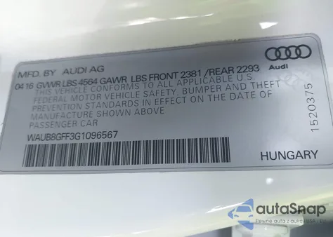 2016 Audi A3 2.0T Premium z USA, uszkodzony, nr VIN WAUB8GFF3G1096567